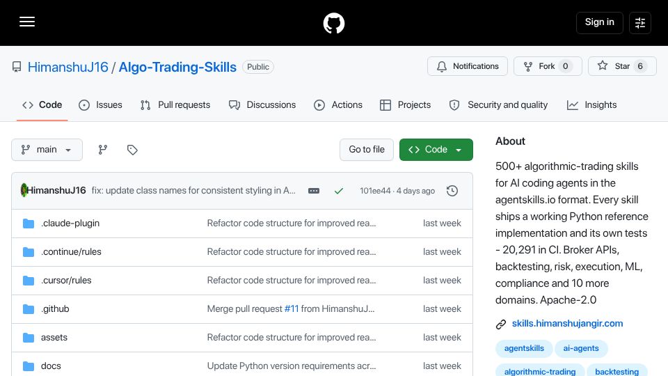 Screenshot of github.com: Show HN: Algo-Trading-Skills - 501 agent skills for trading infrastructure