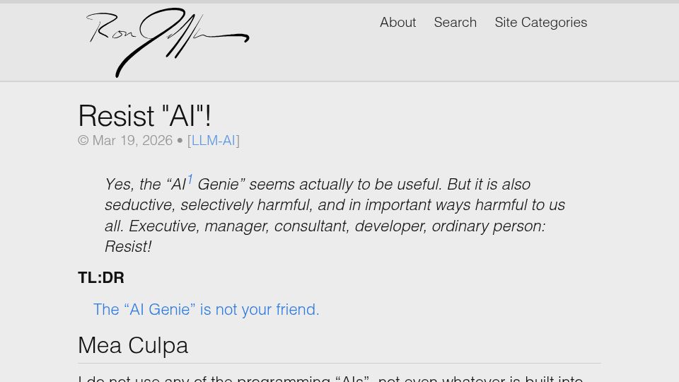 Screenshot of ronjeffries.com: Resist "AI"