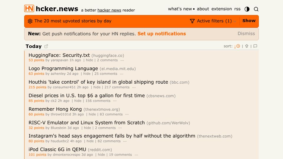 Screenshot of hcker.news: Show HN: Hacker News, without AI