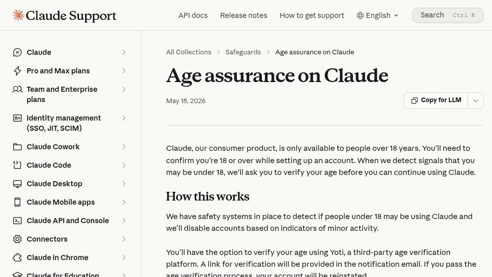 Screenshot of support.claude.com: Claude is only available to people over 18 years