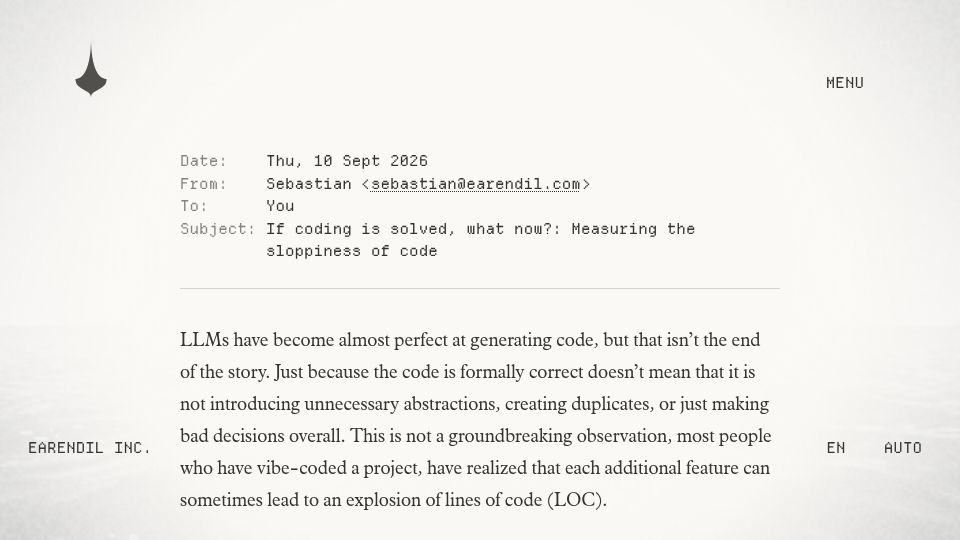 Screenshot of earendil.com: Measuring the sloppiness of code