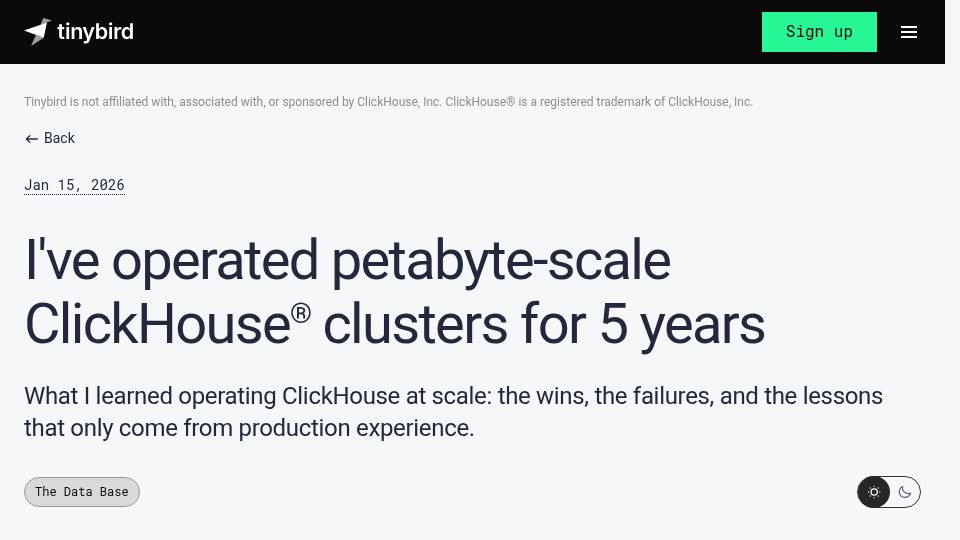 Screenshot of tinybird.co: I've operated petabyte-scale ClickHouse clusters for 5 years
