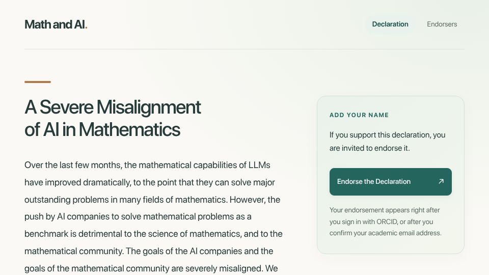 Screenshot of mathandai.org: A misalignment of AI in mathematics