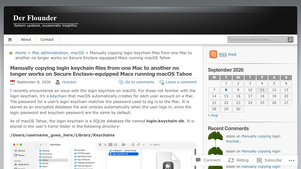 Screenshot of derflounder.wordpress.com: Copying login keychains between Macs fails on Secure Enclave Macs with Tahoe