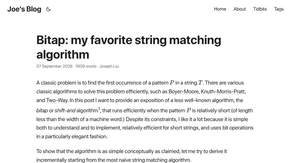Screenshot of jo3-l.dev: Bitap: My favorite string matching algorithm