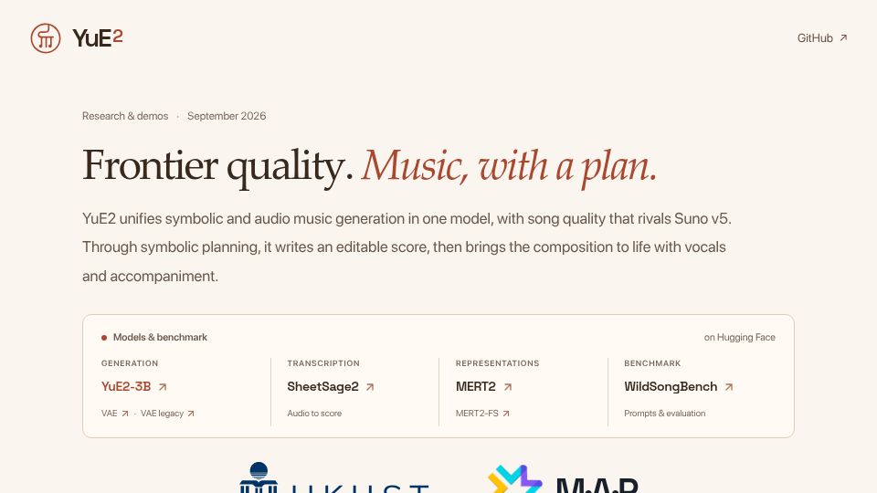 Screenshot of map-yue2.github.io: YuE2 · Frontier Music with Symbolic Planning