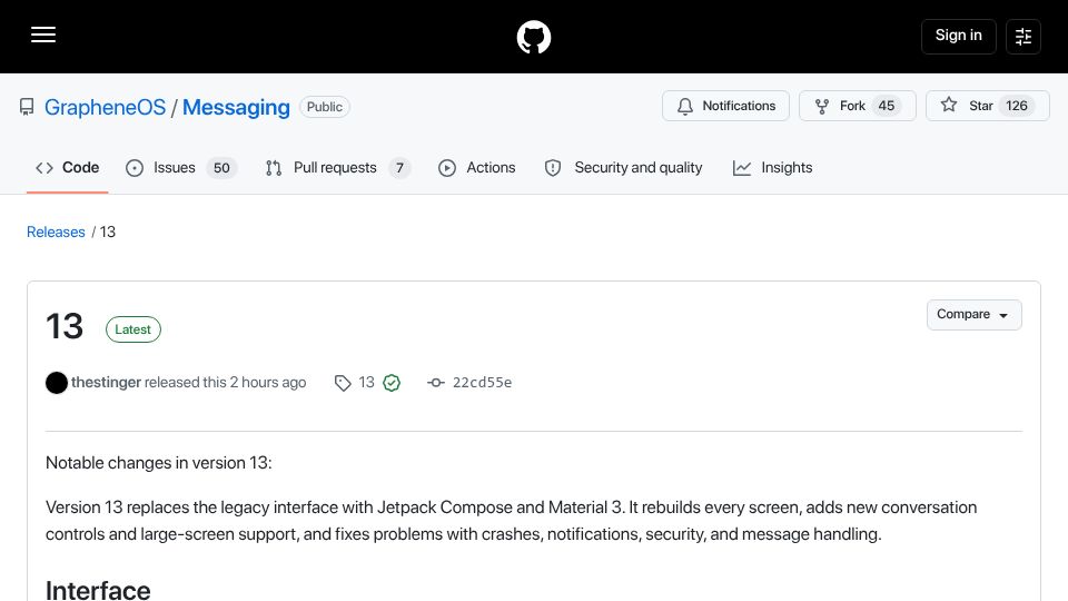 Screenshot of github.com: GrapheneOS' rewritten Messages app is released