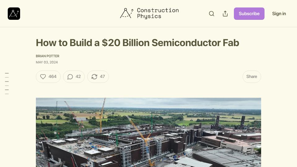 Screenshot of construction-physics.com: How to Build a $20B Semiconductor Fab (2024)