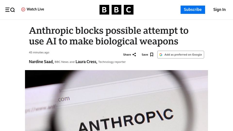 Screenshot of bbc.com: Anthropic blocks 'malicious use' of AI that could develop biological weapons