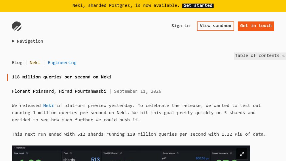 Screenshot of planetscale.com: 118M Queries per Second on Neki