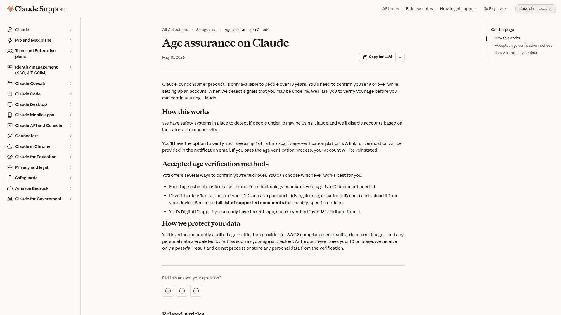 Screenshot of support.claude.com: Claude is only available to people over 18 years