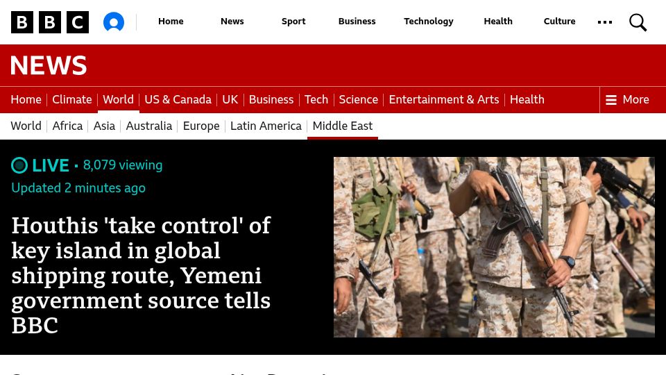 Screenshot of bbc.com: Houthis 'take control' of key island in global shipping route