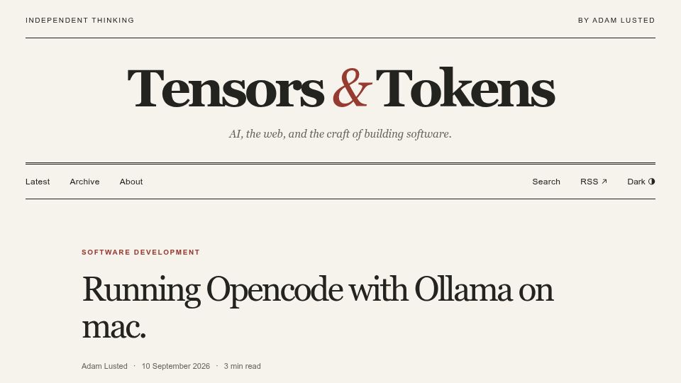 Screenshot of tensorsandtokens.com: Setting up OpenCode with Ollama and sbx on Mac