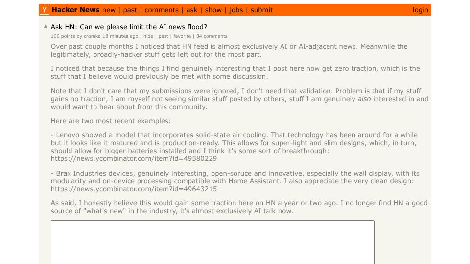 Screenshot of Hacker News post: Ask HN: Can we please limit the AI news flood?
