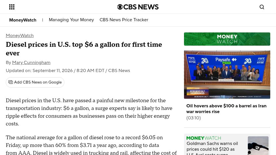 Screenshot of cbsnews.com: Diesel prices in U.S. top $6 a gallon for first time