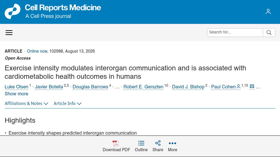 Screenshot of cell.com: Exercise intensity is associated with cardiometabolic health