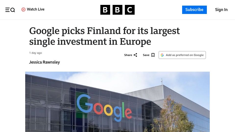 Screenshot of bbc.com: Google will buy half the electricity from one of Finland's nuclear power plants
