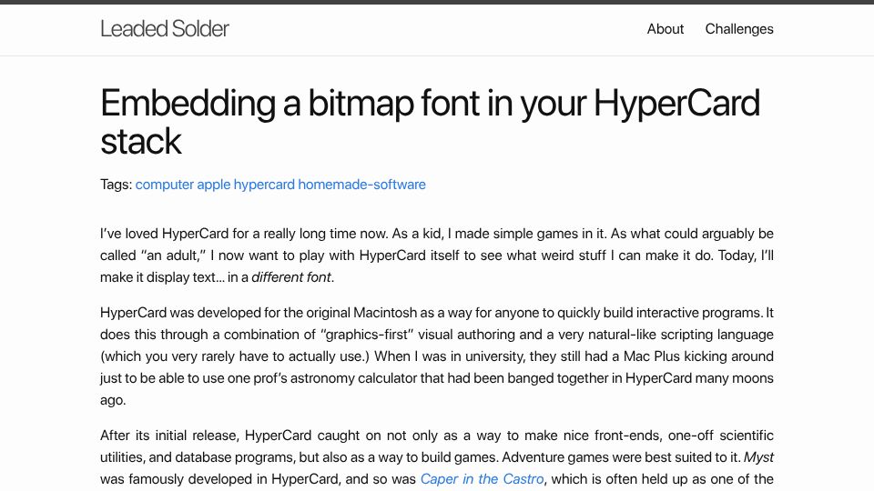 Screenshot of leadedsolder.com: Embedding a bitmap font in your HyperCard stack