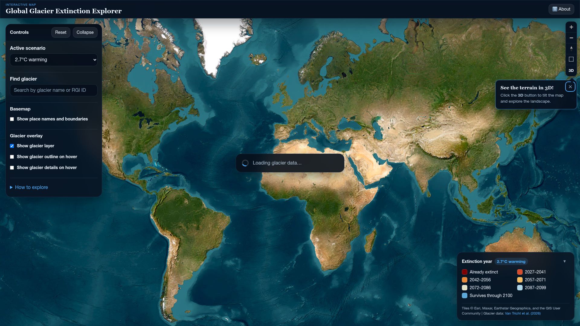 Screenshot of glacierextinction.com: Global Glacier Extinction Explorer