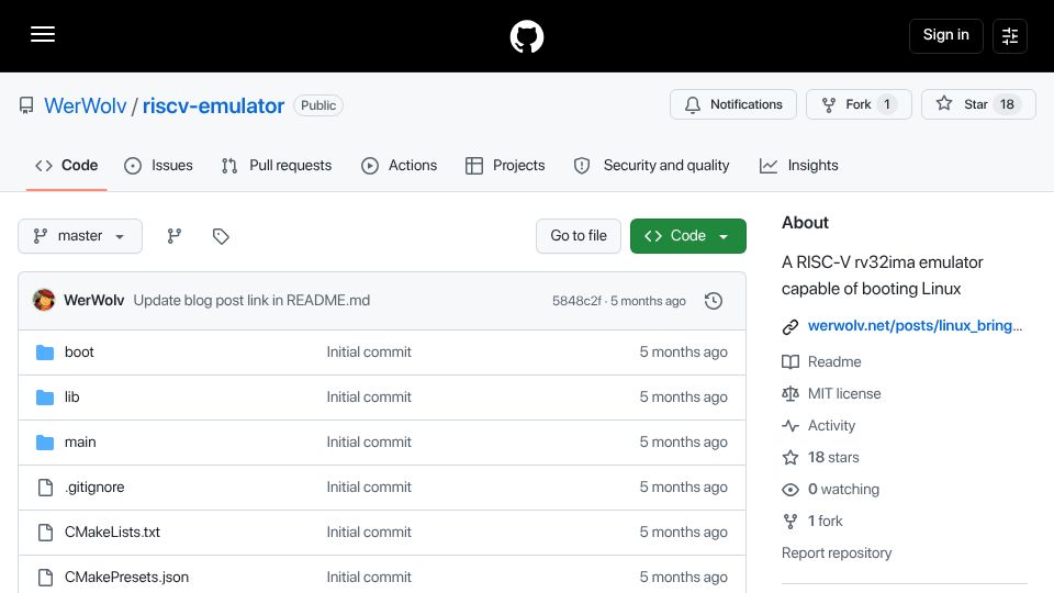 Screenshot of github.com: RISC-V Emulator and Linux System from Scratch
