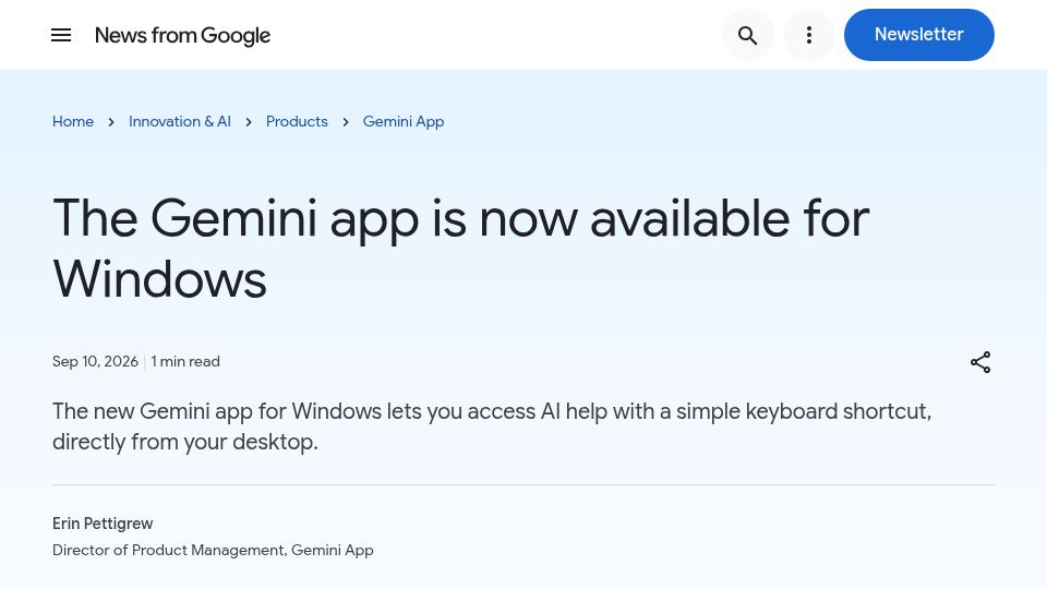 Screenshot of blog.google: The Gemini app is now available for Windows