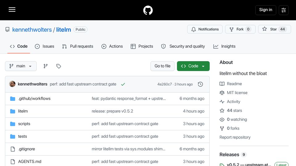 Screenshot of github.com: Litelm: LiteLLM Without the Bloat