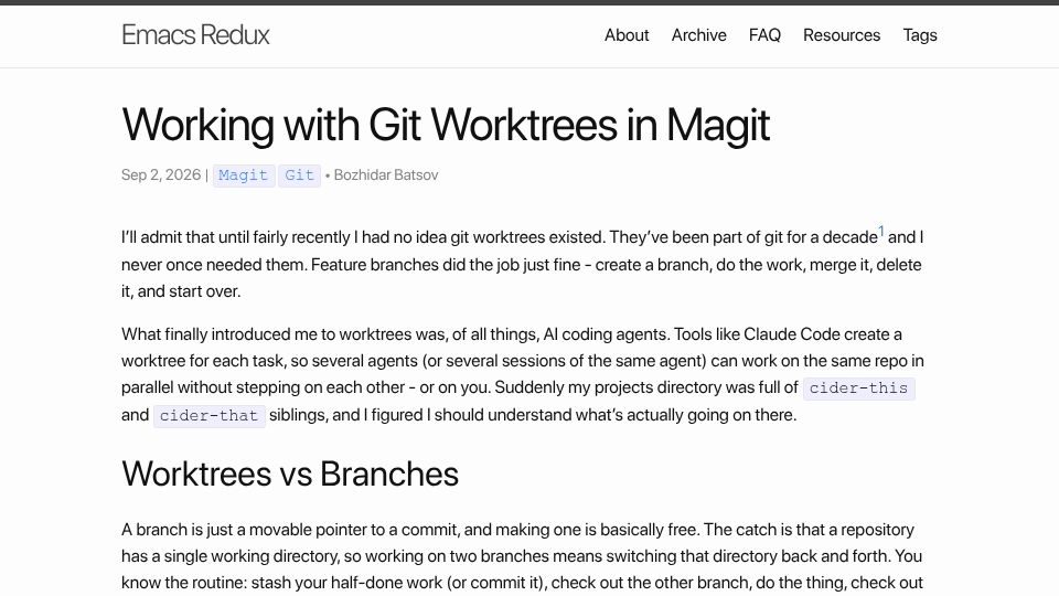 Screenshot of emacsredux.com: Working with Git Worktrees in Magit