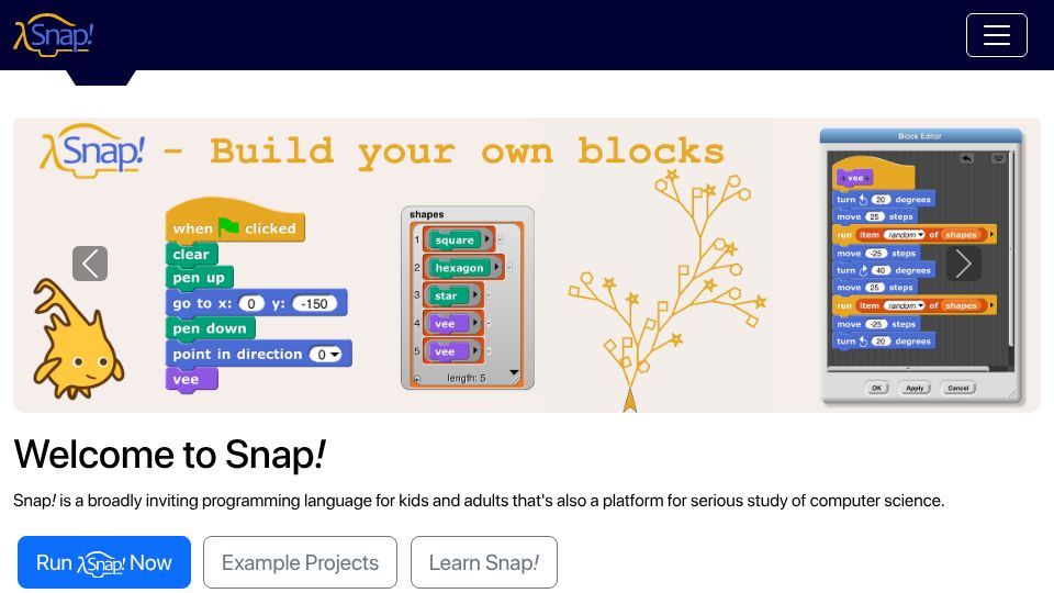 Screenshot of snap.berkeley.edu: λ Snap – An inviting programming language for kids and adults for CS study