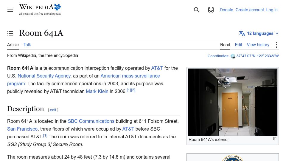 Screenshot of en.wikipedia.org: Room 641A