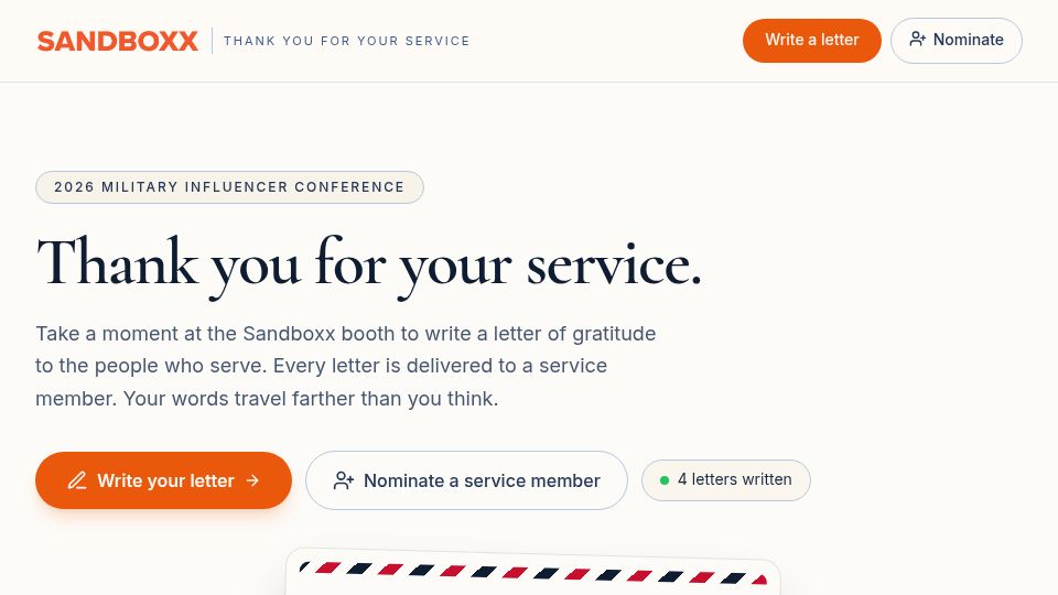 Screenshot of mic.sandboxx.us: YouTuber, or someone, wants to send nice emails to active military personnel