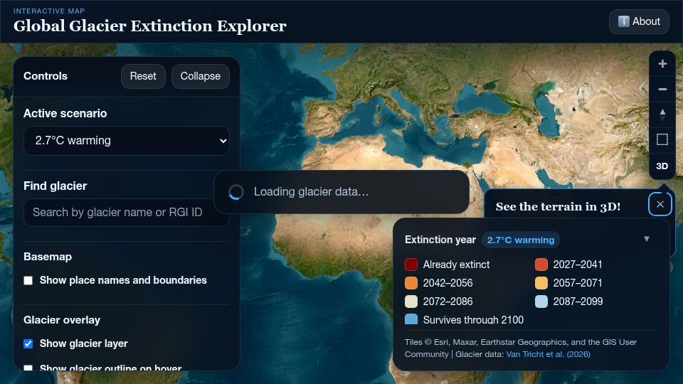Screenshot of glacierextinction.com: Global Glacier Extinction Explorer