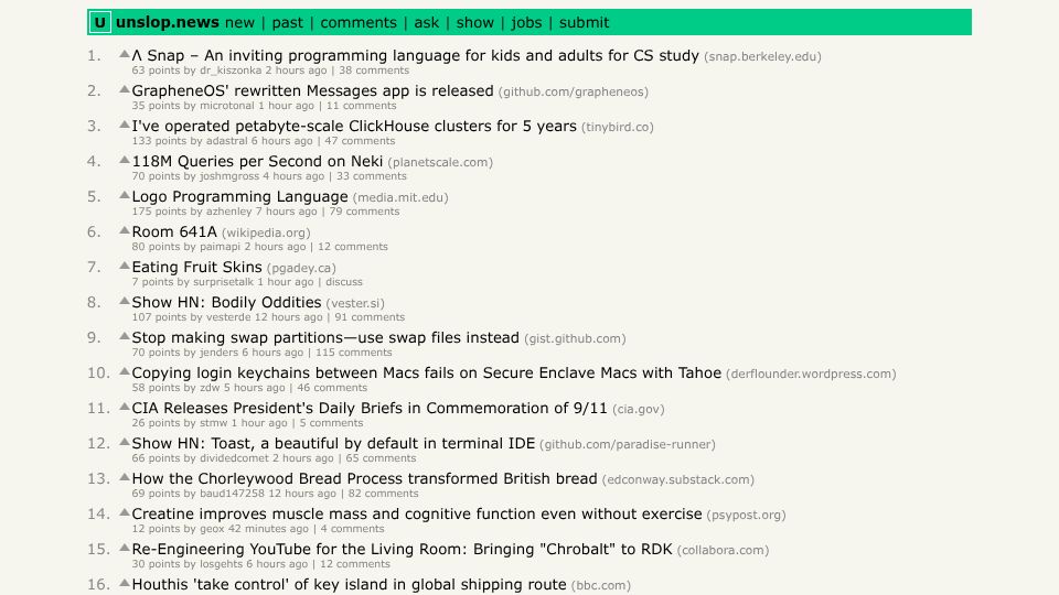 Screenshot of unslop.news: Show HN: Hacker News, Without AI