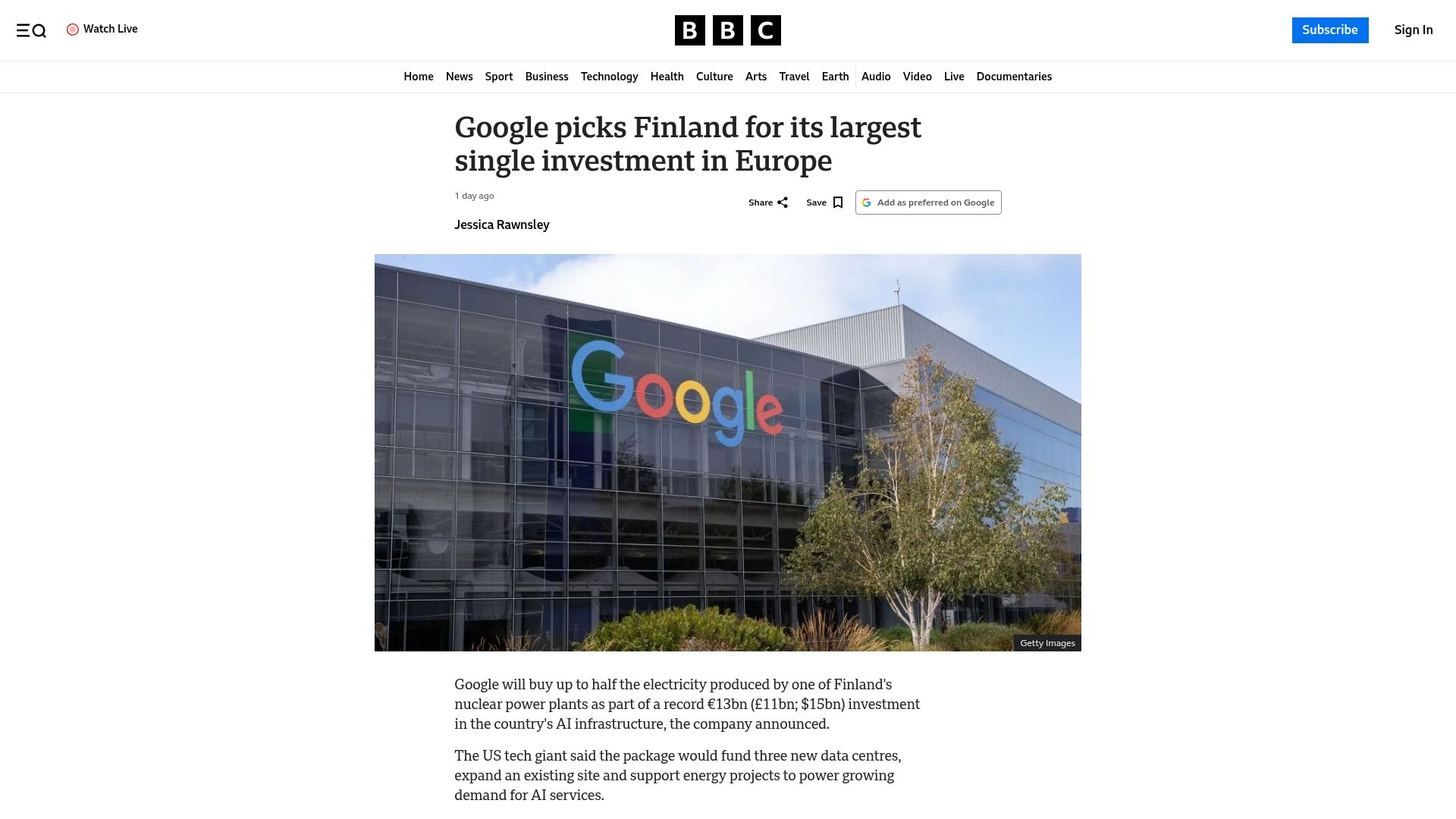 Screenshot of bbc.com: Google will buy half the electricity from one of Finland's nuclear power plants