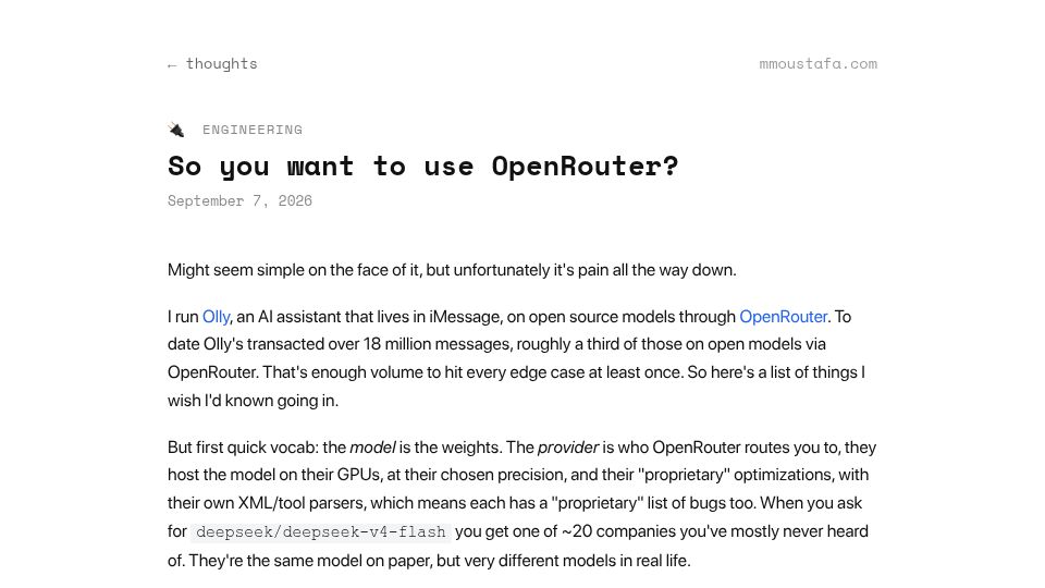 Screenshot of mmoustafa.com: So you want to use OpenRouter?