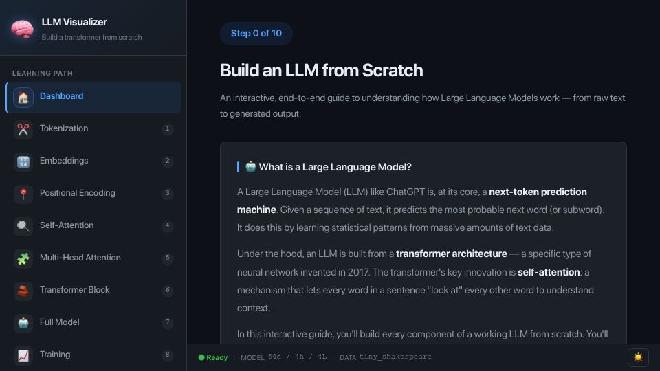Screenshot of jayvisaria.github.io: LLM Visualizer – Build a Transformer from Scratch