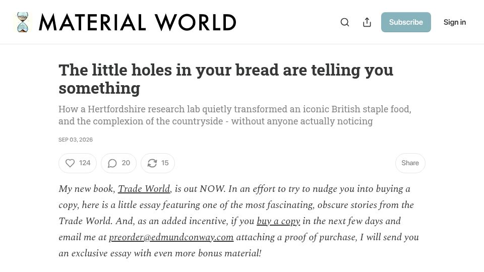 Screenshot of edconway.substack.com: How the Chorleywood Bread Process transformed British bread