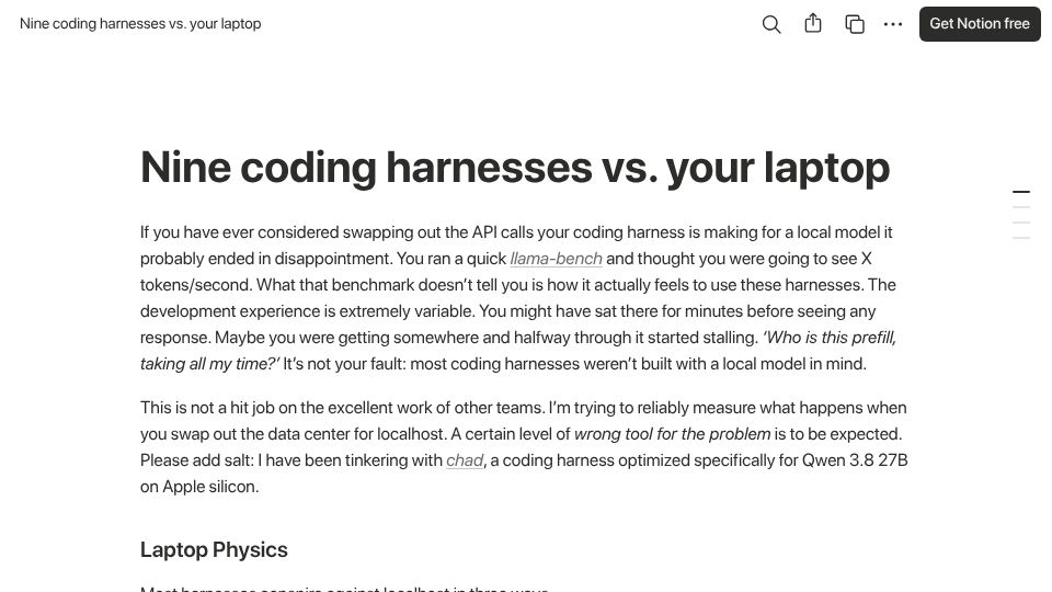 Screenshot of nasutton.notion.site: Nine coding harnesses vs. your laptop