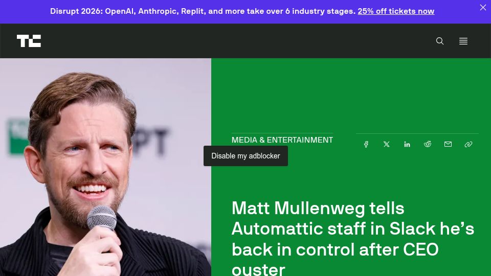 Screenshot of techcrunch.com: Matt Mullenweg tells Automattic staff in Slack he's back in control after ouster