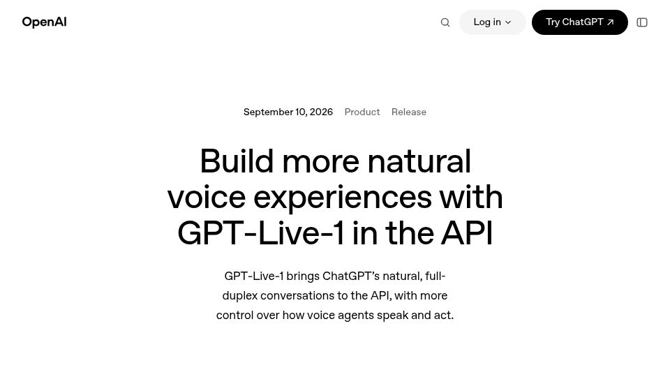 Screenshot of openai.com: GPT‑Live‑1 in the API