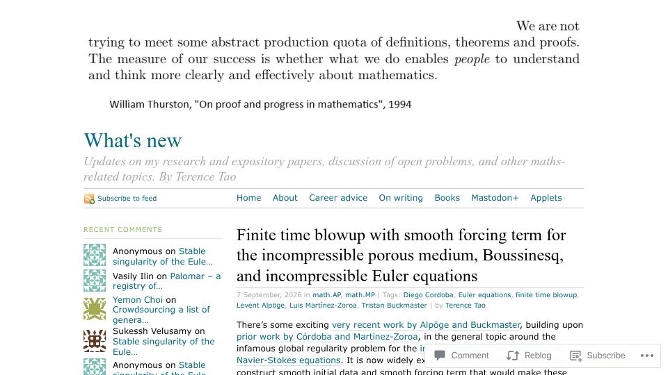 Screenshot of terrytao.wordpress.com: Finite time blowup with smooth forcing term for the incompressible porous medium