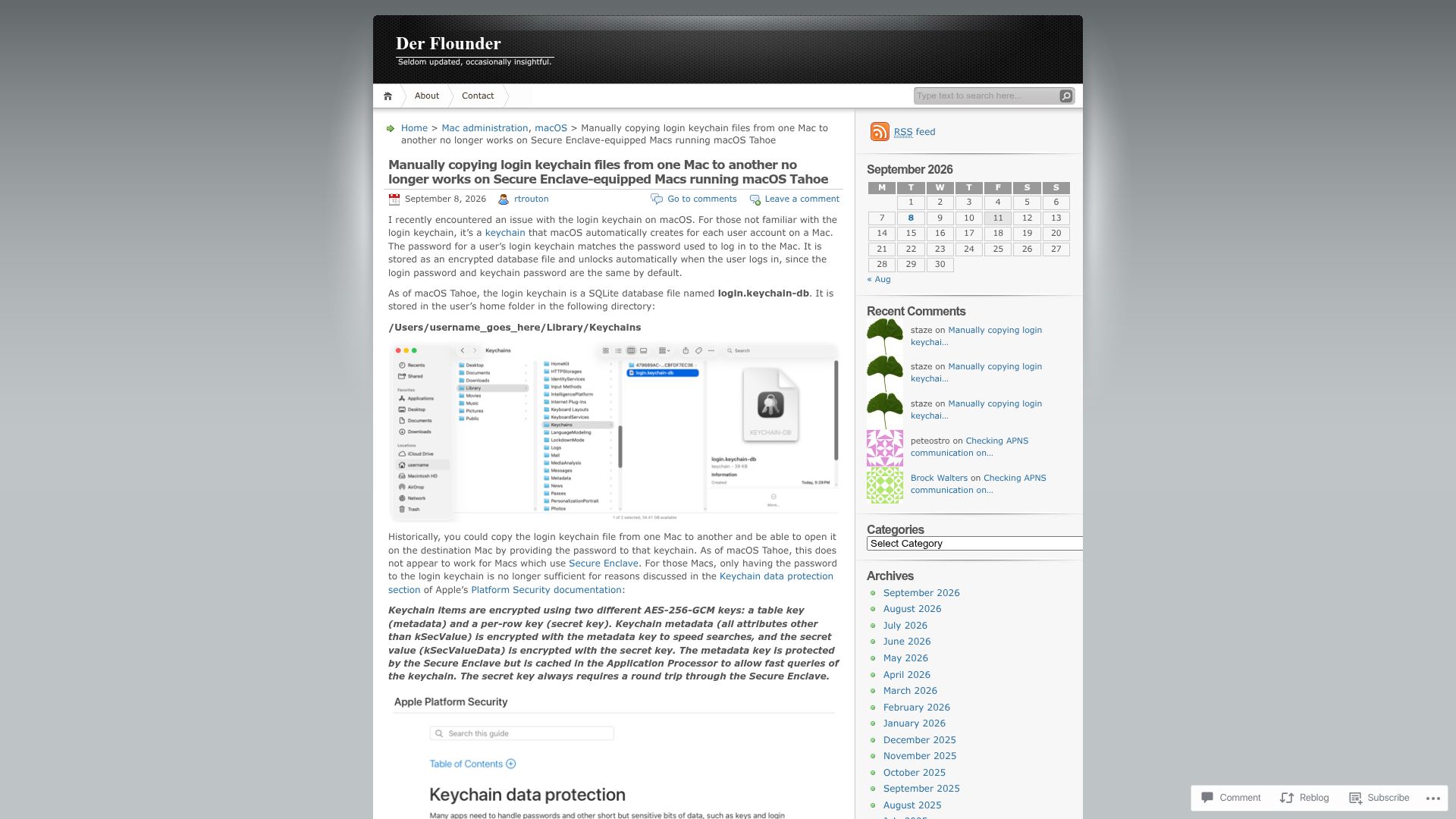 Screenshot of derflounder.wordpress.com: Copying login keychains between Macs fails on Secure Enclave Macs with Tahoe