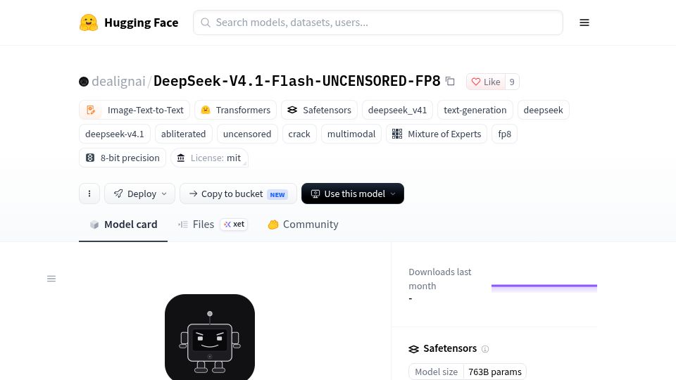 Screenshot of huggingface.co: DeepSeek v4.1 Flash Uncensored