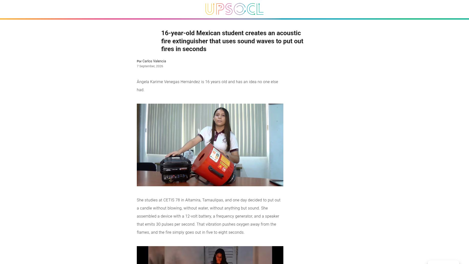Screenshot of upsocl.com: Mexican student creates an acoustic fire extinguisher to put out fire in seconds