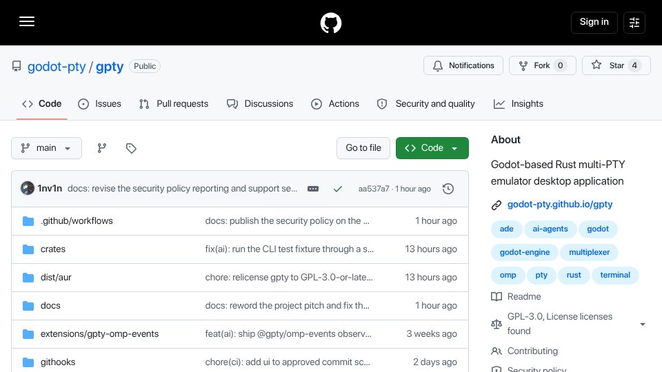 Screenshot of github.com: Show HN: Godot and Rust based multiplexer (terminal panes and more)