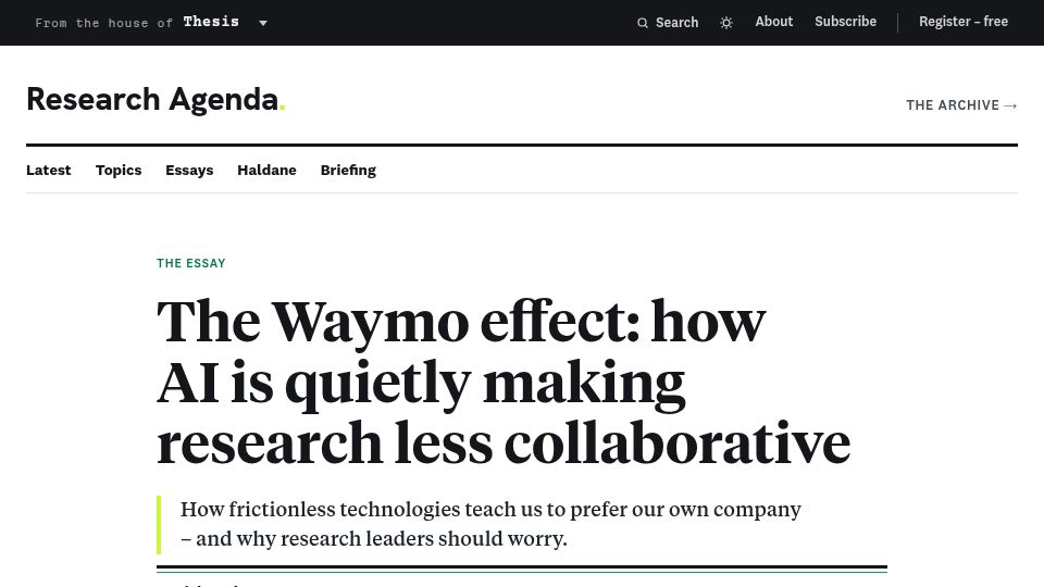 Screenshot of researchagenda.news: The Waymo effect: how AI is quietly making research less collaborative