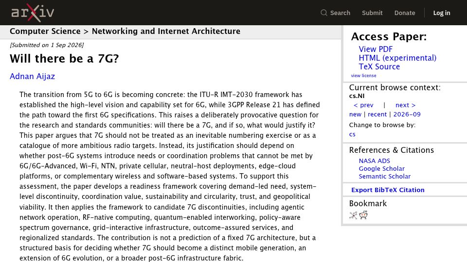 Screenshot of arxiv.org: Will there be a 7G?