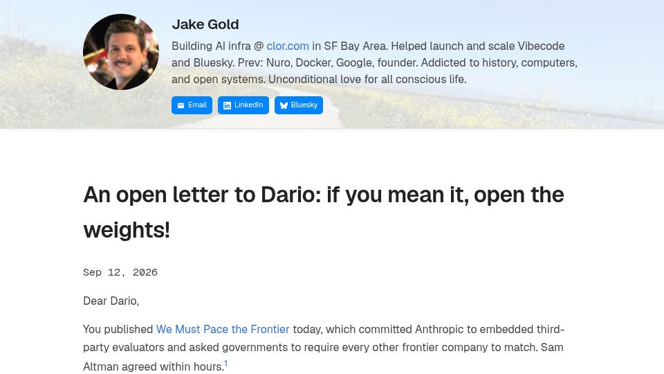 Screenshot of jacob.gold: An open letter to Dario: if you mean it, open the weights