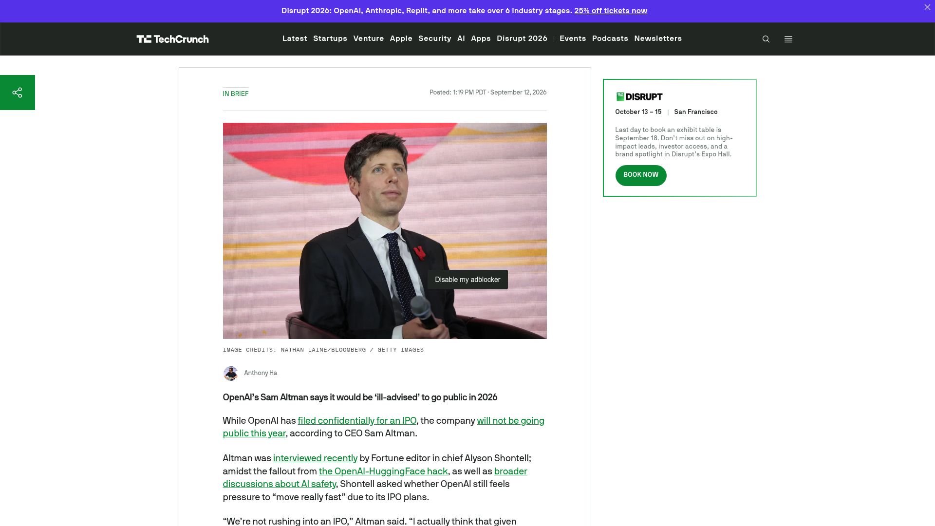 Screenshot of techcrunch.com: OpenAI's Sam Altman says it would be 'ill-advised' to go public in 2026