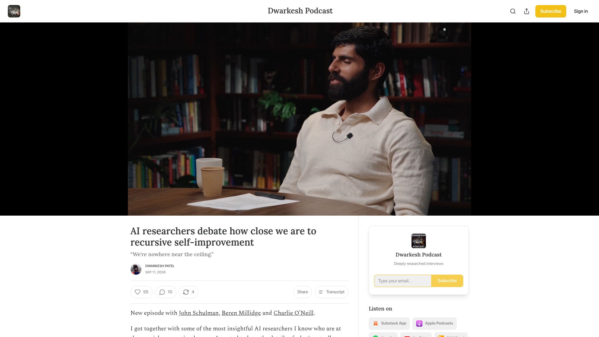 Screenshot of dwarkesh.com: AI researchers debate how close we are to recursive self-improvement