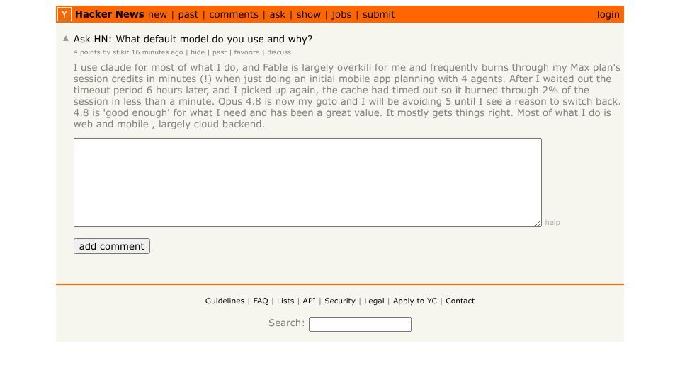 Screenshot of Hacker News post: Ask HN: What default model do you use and why?